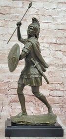 Roman or Greek Soldier Bronze Sculpture with Spear and Shield on Marble Base
