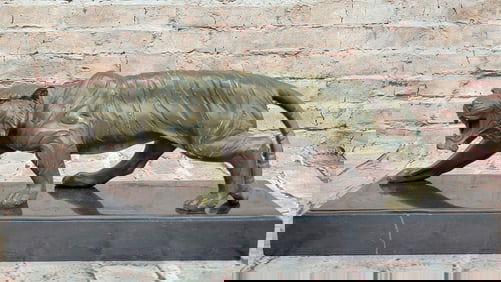 Roaring Bronze Tiger Sculpture on Marble Base