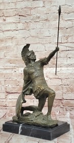 Kneeling Roman Legion Centurion Warrior Bronze Sculpture with Spear & Shield