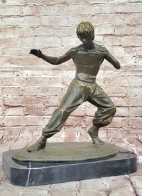 Bruce Lee Martial Arts Bronze Sculpture on Marble Base by J. Mavchi