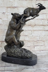 Sign Hot Cast Barye Jaguar attacking Baby Gazelle Bronze Marble Sculpture