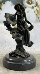 Girl Resting on Flower Bronze Sculpture Statue Figure Fantasy Decor 9" x 5"