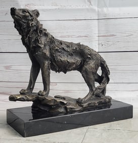 Wolf Bronze Metal Statue Sculpture Figurine Signed Art on Marble Base