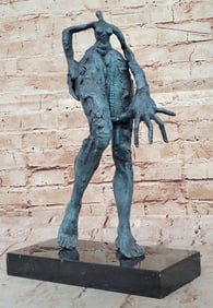 Abstract Surrealist Bronze Sculpture of Elongated Human Form on Base