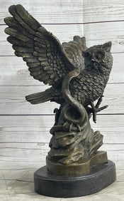 Owl and Snake Bronze Statue Sculpture on Marble Base 15" x 12"