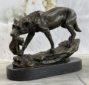 Wolf Carrying Cub Bronze Metal Statue Sculpture Marble Base 9" x 11"