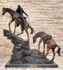 Frederic Remington Cowboy & Two Horses Western Bronze Statue Sculpture 26" x 28"