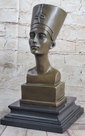 Egyptian Queen Nefertiti Bronze Bust Statue Sculpture Figure on Marble Base