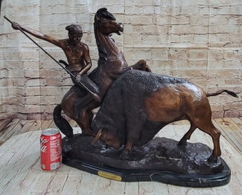 51 lbs Frederic Remington Buffalo Hunt Bronze Sculpture