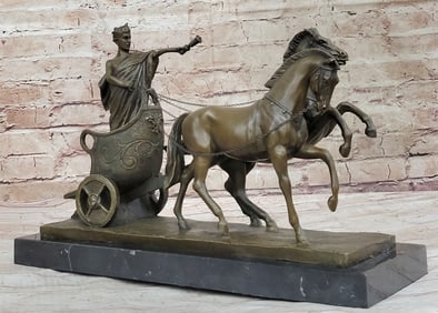 30 lbs Roman Caesar Pulled by Horses on Chariot Bronze Statue Sculpture Figure 11" x 17"