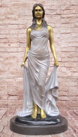 38 lbs Golden Patina Woman in Draped Gown ? Elegant Bronze Sculpture