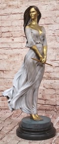 32 lbs Elegant Bronze Woman in Flowing Dress ? Gold Patina Sculpture
