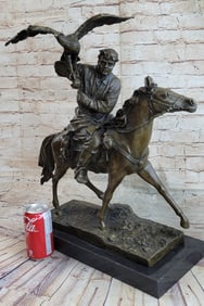 50 lbs Horse Mounted Khazak Eagle Falcon Hunter Trained Bird Bronze Statue Sculpture Figure 21" x
