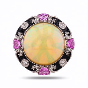 8.49ct Opal, 0.92ctw Pink Sapphire and 0.27ctw Diamond Platinum Ring