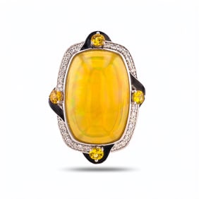 7.76ct Opal, 0.48ctw Yellow Sapphire and 0.26ctw Diamond Platinum Ring