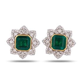 5.08ctw Emerald and 1.37ctw Diamond Platinum and 18K Yellow Gold Earrings