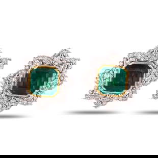 5.08ctw Emerald and 1.37ctw Diamond Platinum and 18K Yellow Gold Earrings: One electronically tested pair of platinum & 18K yellow gold earrings marked Oscar Friedman. The earrings are mounted with: 2 genuine emerald center stones weighing approximately 5.08 carats, and 128
