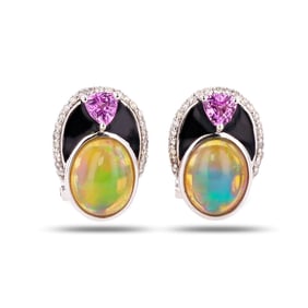 2.76ctw Opal, 0.48ctw Pink Sapphire and 0.18ctw Diamond Platinum Earrings