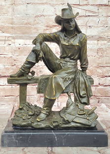 Bronze Cowgirl Sculpture ? Western Lady on Fence Statue: Bronze Dimensions with Marble Base: Height 14" x Width 10"Marble Dimensions:10" X5.5"Height without base:13"Approximate Weight:15 LBSOriginal or Reproduction: Original