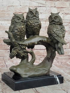 Owl Trio Sculpture ? Wise Owls on Branch Statue D?cor: Bronze Dimensions with Marble Base: Height 13" X Width 11"Marble Dimensions:9" 5.5"Height without base:12"Weight:20 LBSOriginal or Reproduction: Original