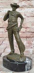 Standing Cowboy Bronze Sculpture  Wild West Western Gunslinger Art: Bronze Dimensions with Marble Base: Height 11 1/2" X Width 5 1/2"Marble Dimensions: Diameter 5 1/2"Height without base:10"Weight:6 LBSOriginal or Reproduction: Original