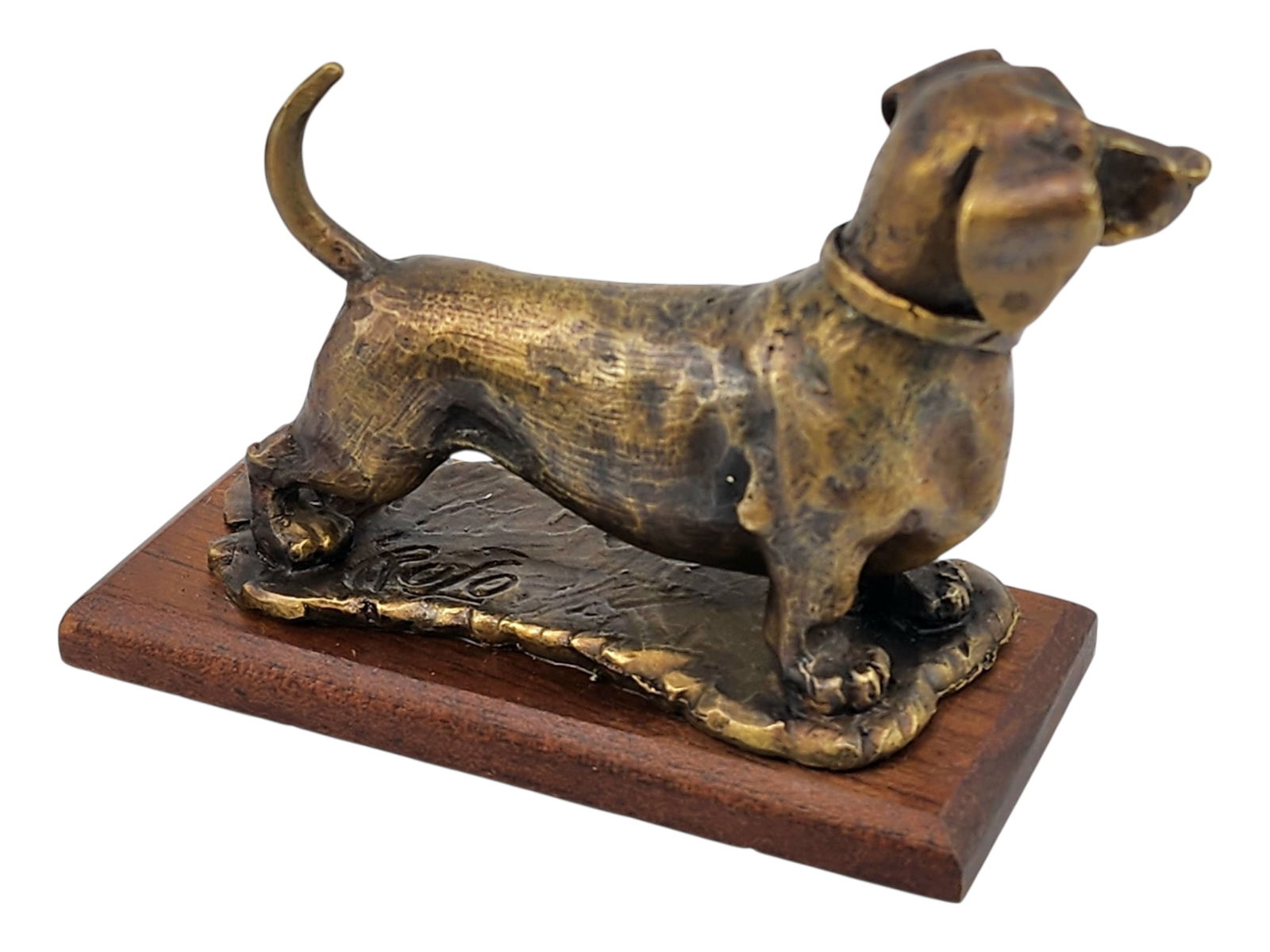ISRAEL RUFIN (Cuban Art) Dachshund Bronze Sculpture: 3" x 4.5" x 2"