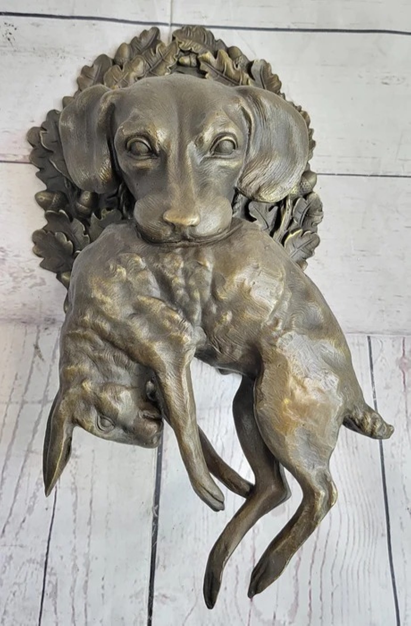 Hanging Wall Mounted Bronze Sculpture of Retriever Dog with Rabbit in Mouth (1 of 5)