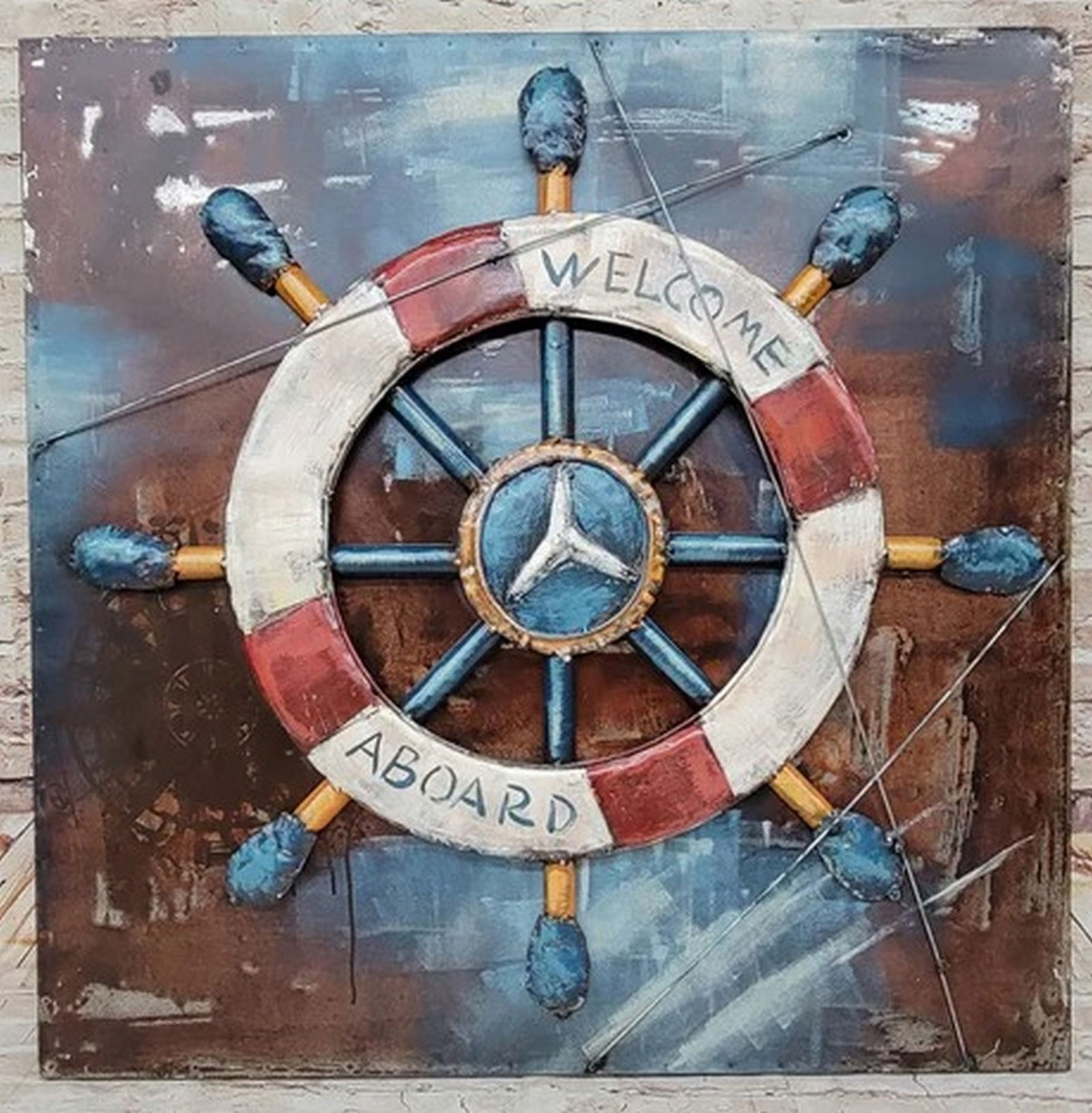 Welcome Aboard Ship Wheel And Deck Wall Art 3D Oil Painting Metal Canvas (1 of 3)