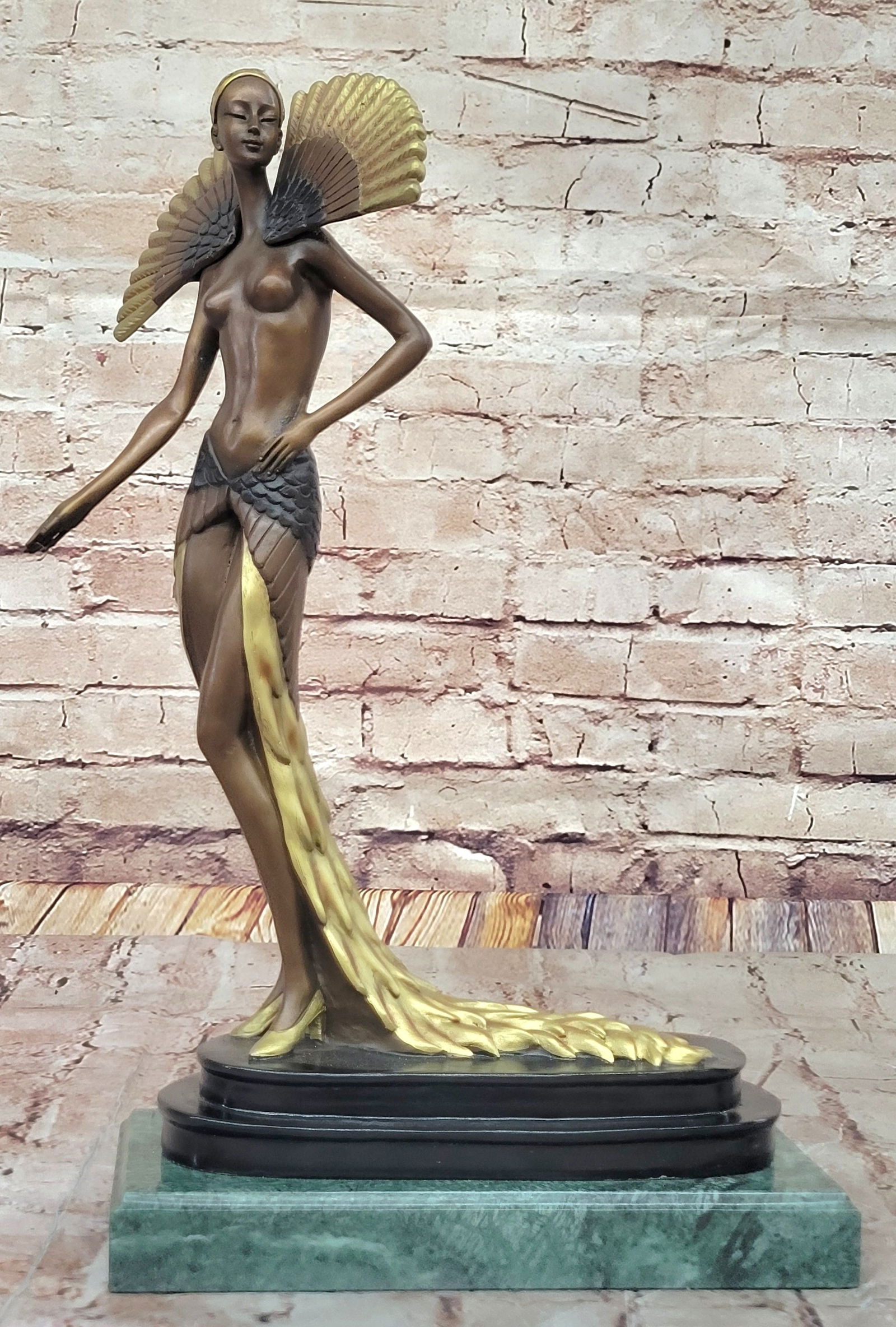 J. Erte Bronze Goddess Sculpture ? Art Nouveau Inspired Figurine with Golden Accents on Marble Base: Bronze Dimensions with Marble Base: Height 16" X Width 9.5"Marble Dimensions:9.5" X 5"Height without base:15"Weight:12 LBSOriginal or Reproduction: Reproduction