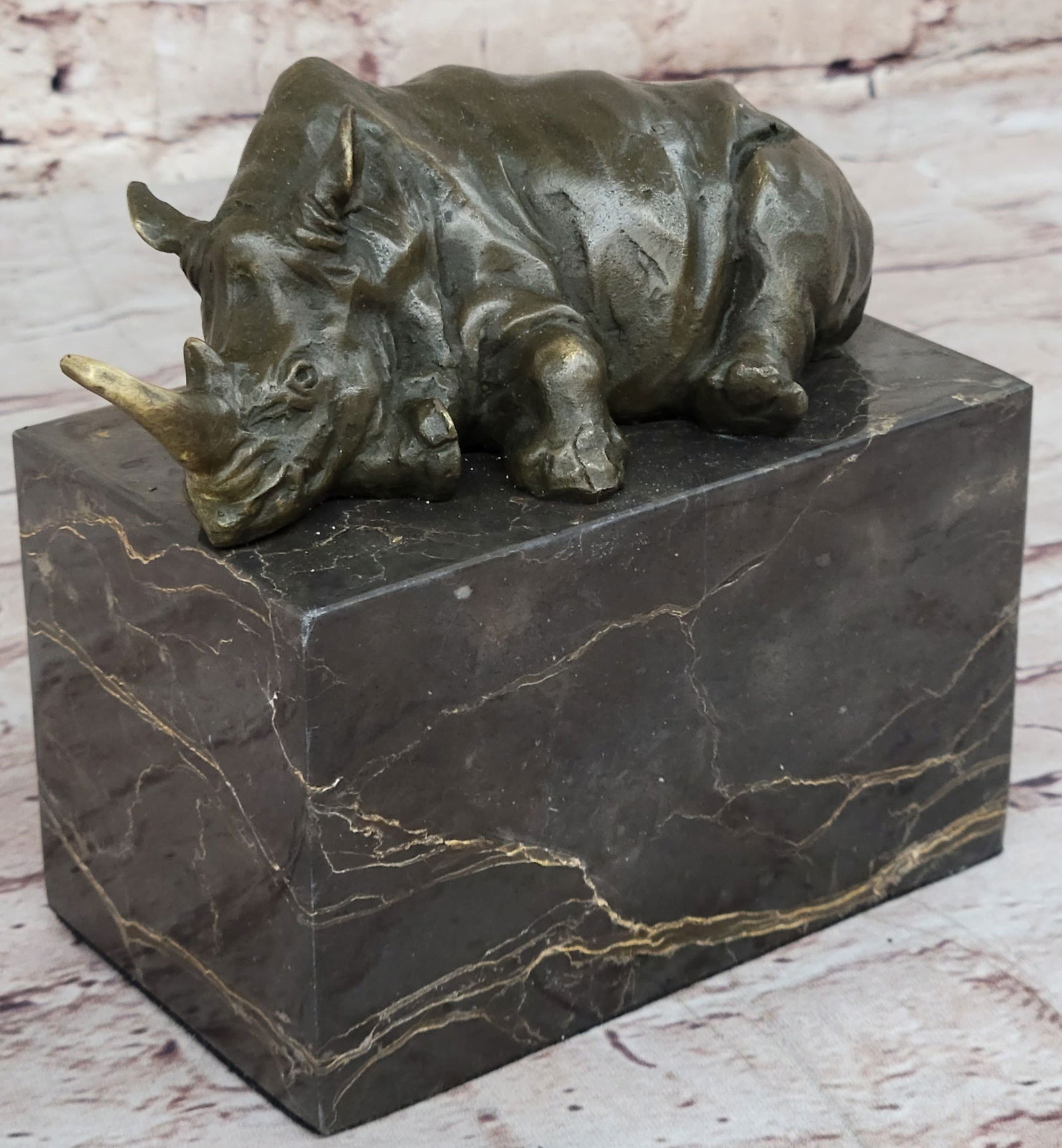 Rhinoceros Rhino Bookend Bronze Sculpture Figurine Lost Wax Casting on Marble Base: Bronze Dimensions with Marble Base: Height 5.5" X Width 6"Marble Dimensions:5" X 3"Height without base:2 1/2"Weight:7 LBSOriginal or Reproduction: Original
