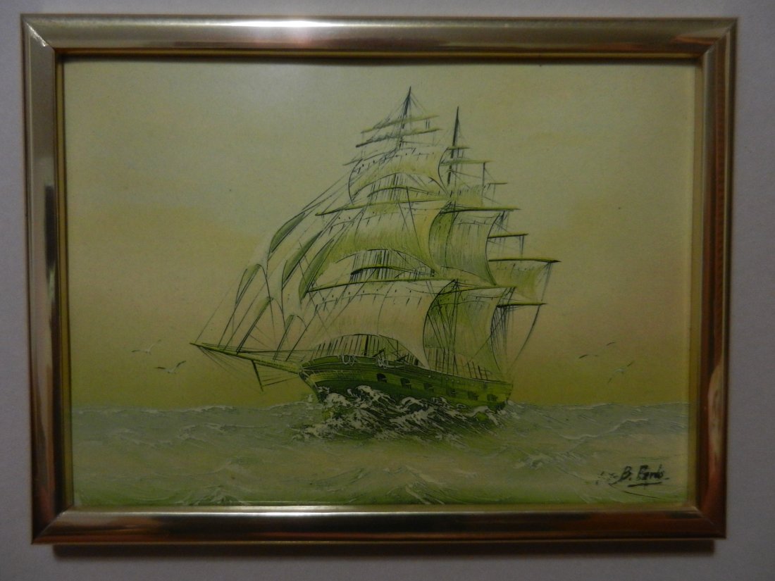B. PARDO ORIGINAL OIL ON BOARD SHIP SCENE: framed, 7.75" X 6"