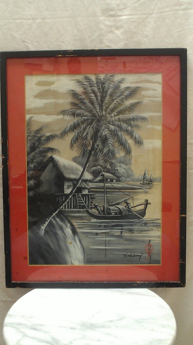 VINTAGE Set of 2 VIETNAMESE SIGNED SILK PAINTINGs: FRAMED AND SIGNED 19" X 14.5"