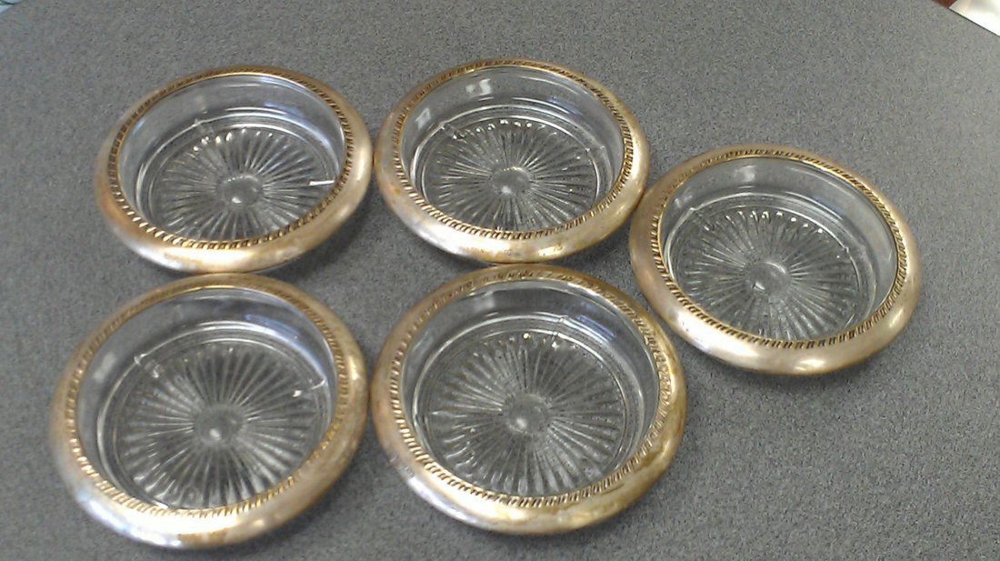 lot of 5 silver plated & GLASS vintage coasters: set of 5