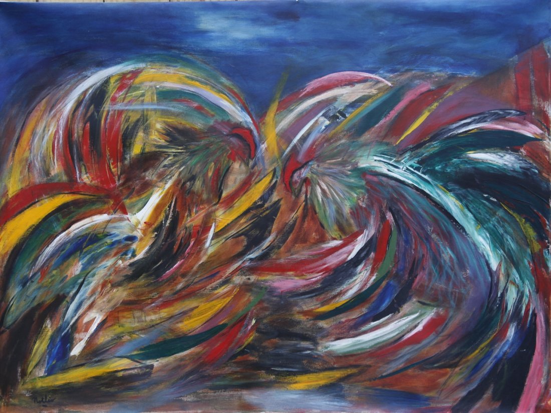 Noelio Munoz (Cuban): Noelio Munoz (Cuban) pelea de gallos 36" x 48" acrylic on canvas signed and dated 2012