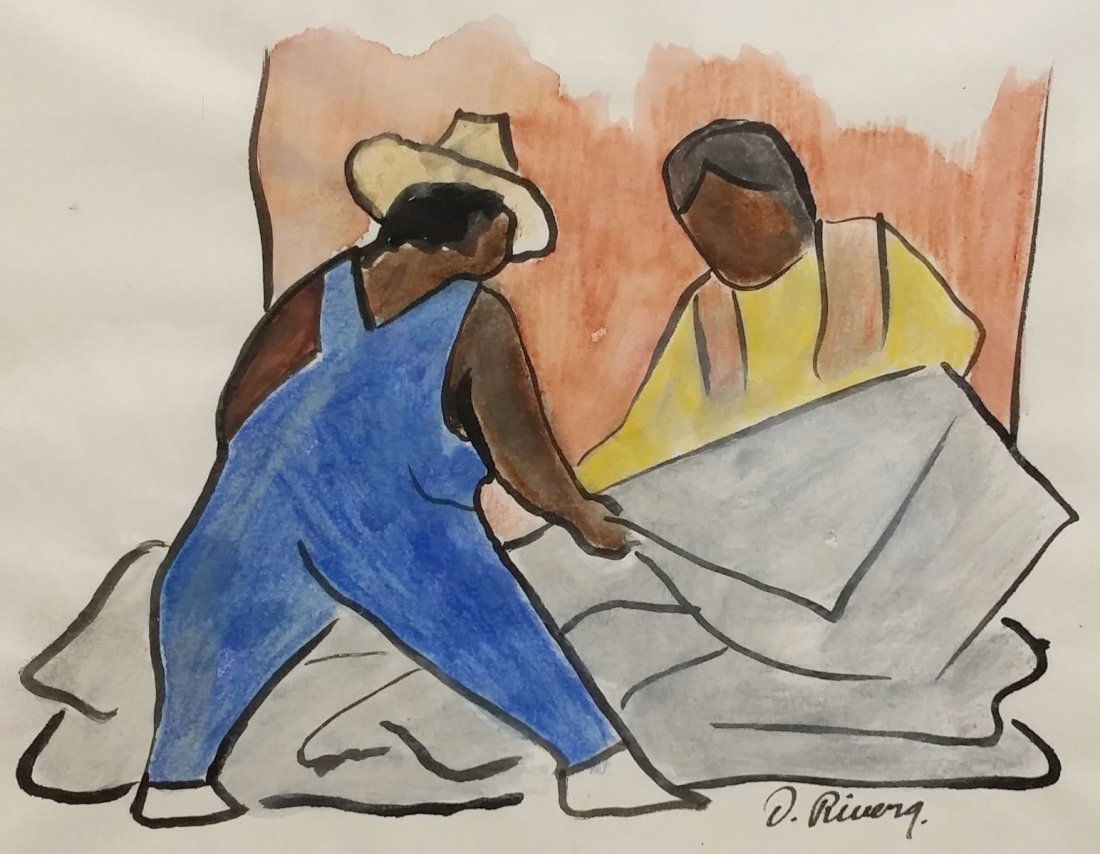 Diego Rivera (Mexican, 1886-1957) WATERCOLOR ON PAPER W: Diego Rivera (Mexican, 1886-1957) WATERCOLOR ON PAPER "BOY AND GIRL" 14.5" X 12.5" WITH COA