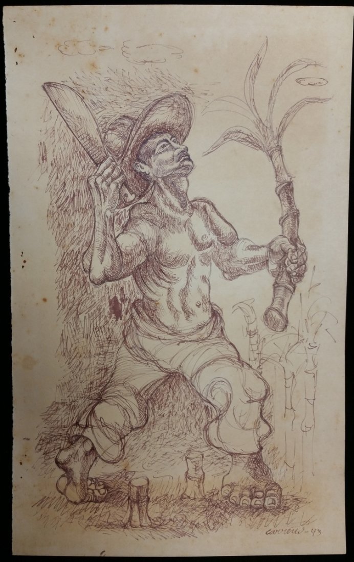 Mario Carreno (Cuban, 1913-1999): INK ON PAPER SIGNED PAINTING 12.25" X 7.75"