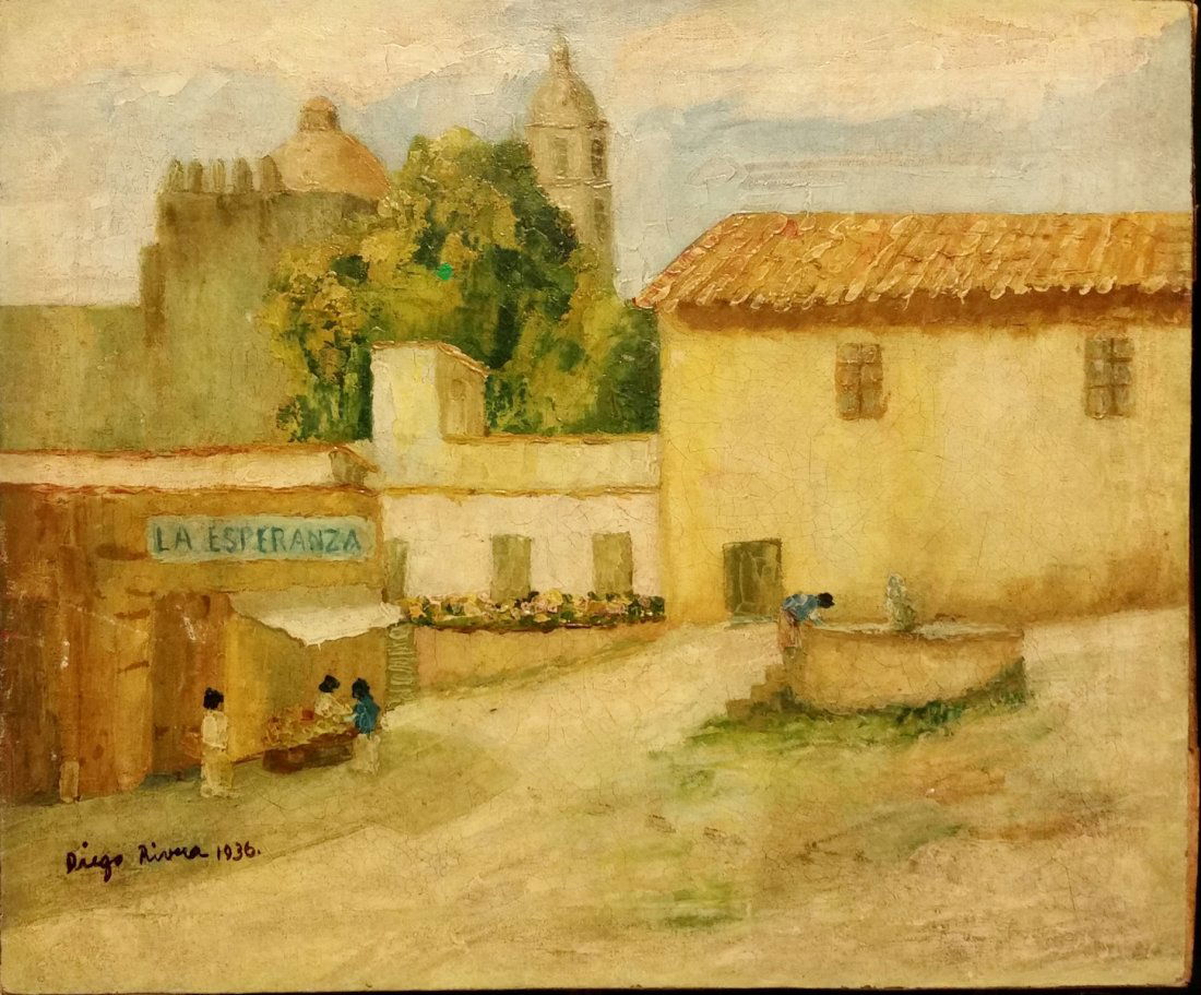 DIEGO RIVERA OIL ON CANVAS PAINTING: DIEGO RIVERA OIL ON CANVAS PAINTING WITH COA 17.50" X 14.50"