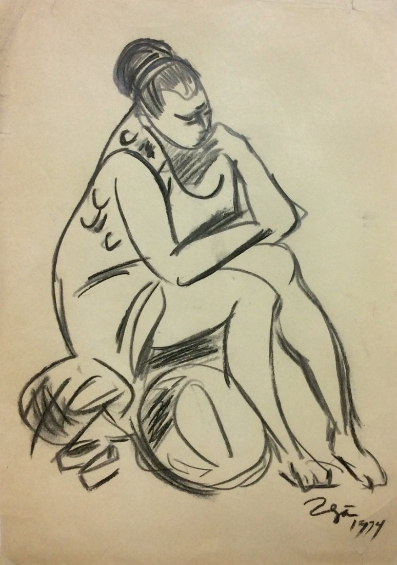 FRANCISCO ZUNIGA (Mexican 1912-1998): Medium: Charcoal on Paper, Date: 1974, Size: 16 ½ x 11 4in