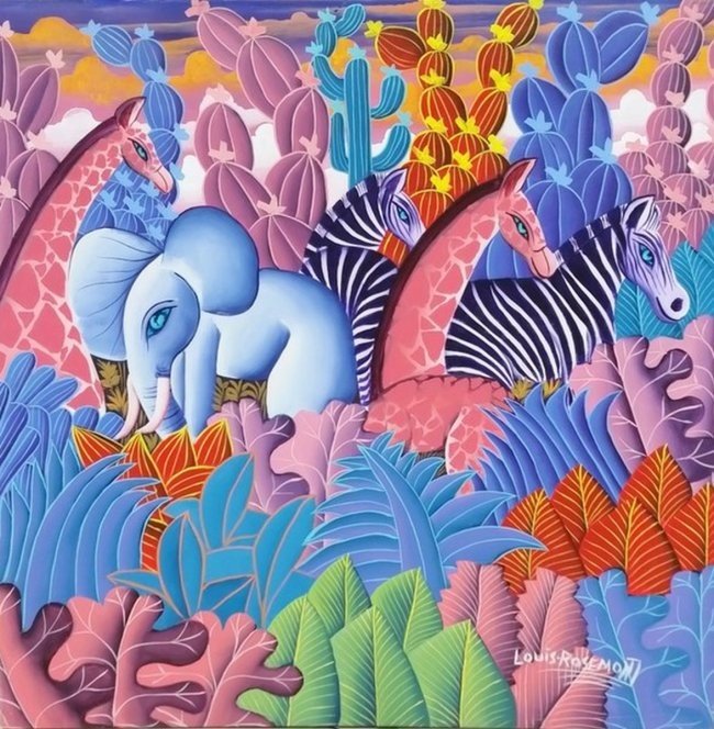 Louis Rosemond (Hatian): Louis Rosemond (Hatian) oil on canvas 49" x 49" hand signed lower right hand corner