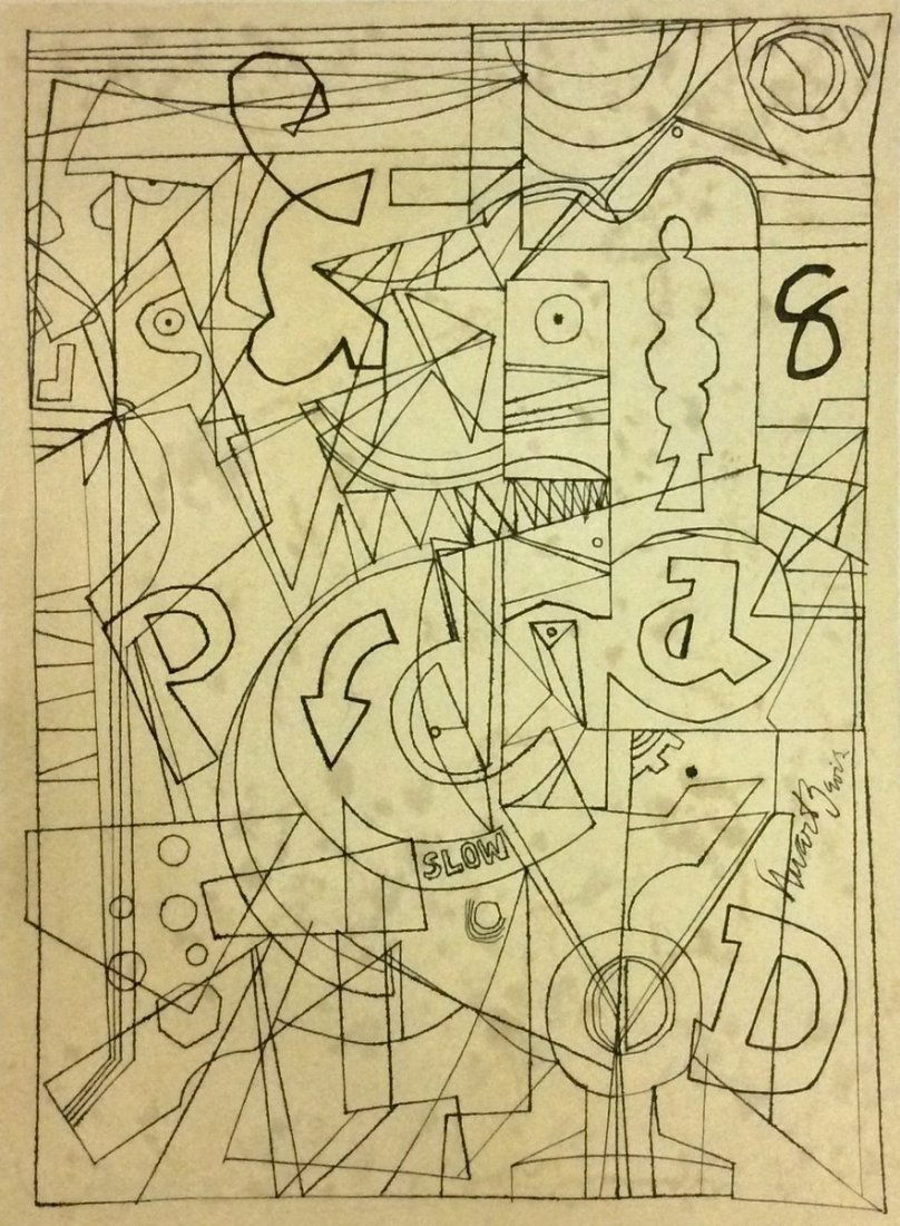 STUART DAVIS (American, 1892-1964): Title: Study for “SLOW”, Medium : Ink on Cardboard, Date : 1931, Size : 20 x 15 in, Private Collection Miami, Fl. USA.