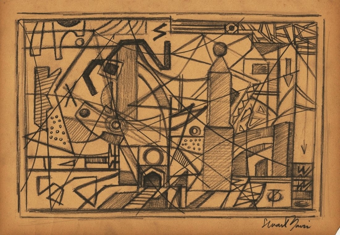 STUART DAVIS (American, 1892-1964): Medium: Charcoal on Paper, Date: 1930s, Size: 11 x 13 in. COA Latin American Art