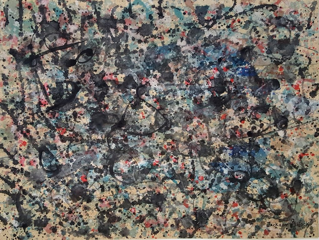 Jackson POLLOCK (1912-1956).: Gouache on paper, 11.75 x 14.5 in. Signed on bottom right. Excellent condition. Framed. Private collection.