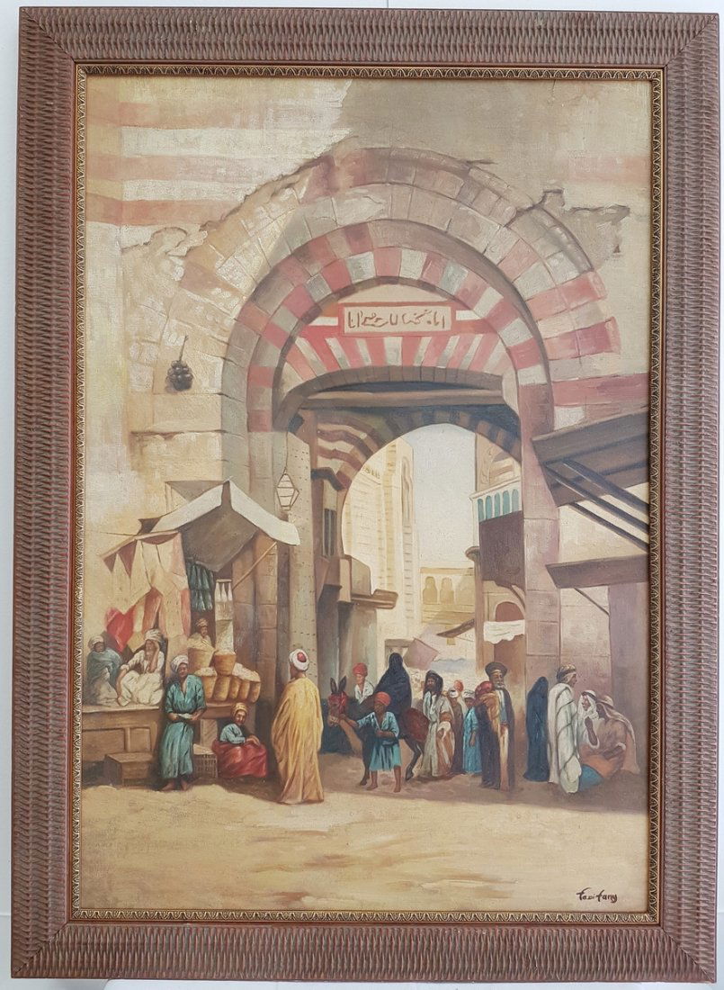 FADI TARY MOORISH ANTIQUE OIL PAINTING: MOORISH ANTIQUE OIL ON CANVAS PAINTING 31" X 26"