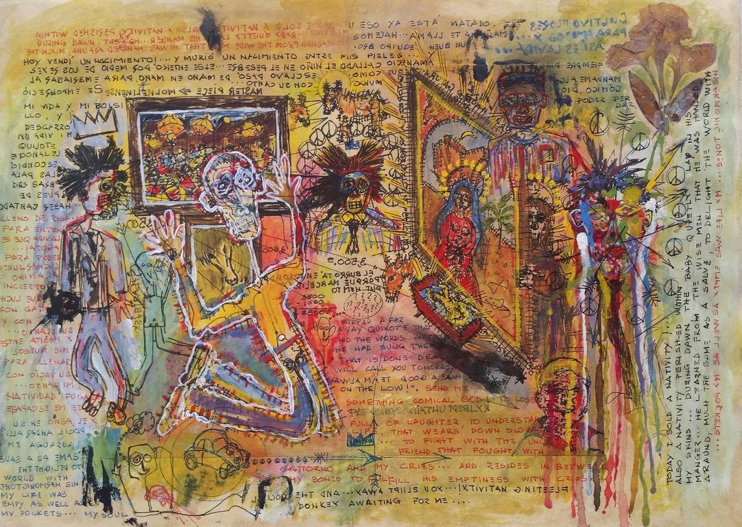 ATTRIBUTED TO Jean Mitchel Basquiat: "Marcelo Suplicate Nativity" 16" X 11 3/4 " Mixed Media on Board