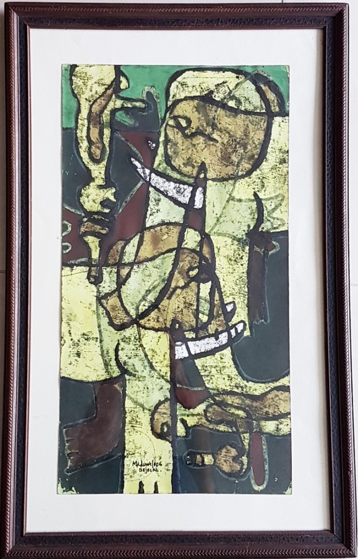 JOSE MANUEL MEDEROS SIGLER (MEDEROX) CUBAN ART: 25" X 13.50" MIXED MEDIA ON BOARD DATED 2006
