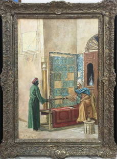 LUDWIG DEUTSCH ATTRIBUTED: oil on canvas framed painting circa 1890, 35" x 19", with frame 43" x 27". Excellent condition