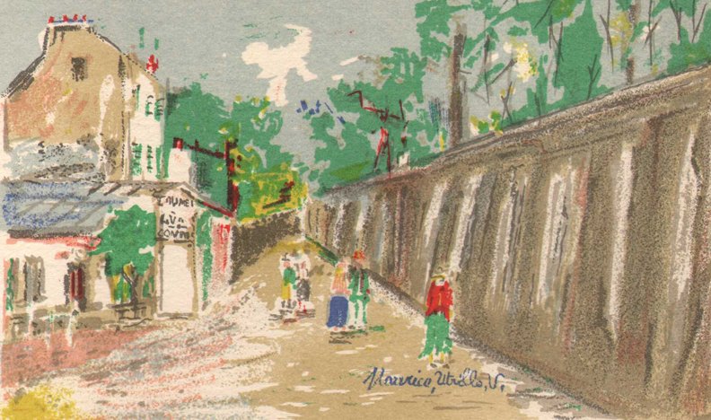 Maurice Utrillo - Original stone lithograph: Artist: Utrillo, Maurice Valedon (French, 1883-1955) Title: Untitled Date: c. 1910 Medium: Stone lithograph Dimensions: 3.25" x 5.25" (image size), 4.25" x 8.25" (paper size) Signature: Signed (in the
