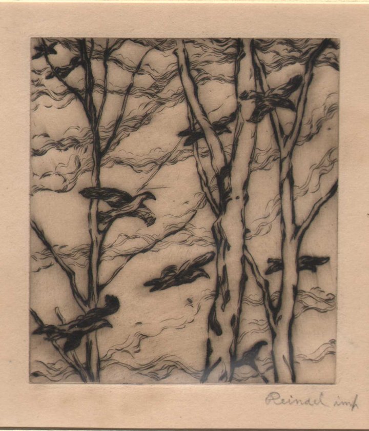 Reindel - "Crows in Flight" with manuscript notes: Artist: William George Reindel (1871-1948) Title: Crows in Flight with artist's manuscript notes Date: c. 1910 Medium: Dry point Dimensions: 3.5" x 4" (plate size), 5.75" x 5.25" (sheet size) Signatur