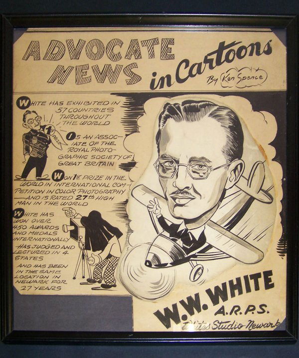 framed cartoon on W.W. White done by Ken Spencer.: 15 1/2" high and 14 3/8" wide framed cartoon on W.W. White done by Ken Spencer. The paper appears to be rather thick and the large caricature is affixed to the piece. Not sure if this was an artist's