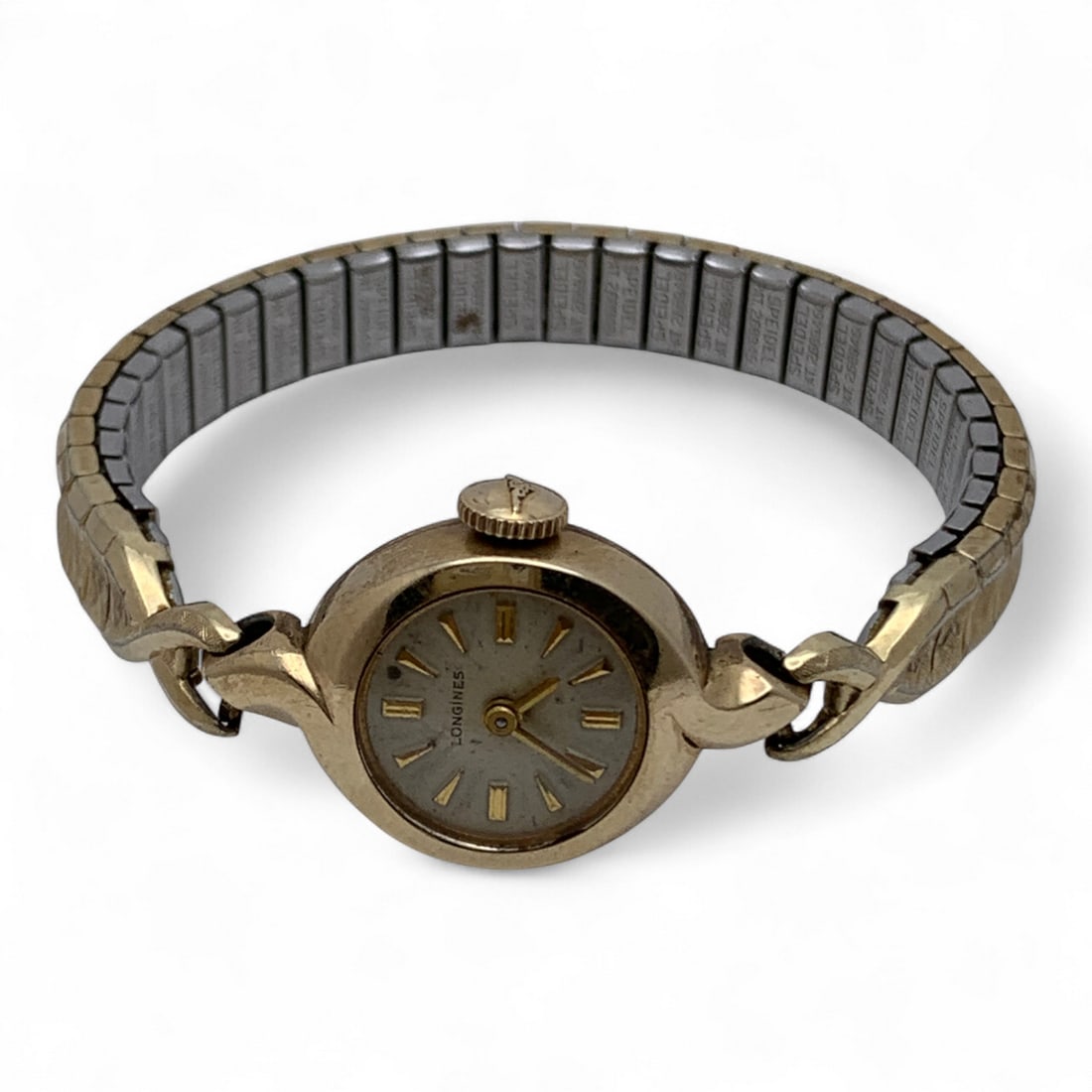 Longines 10k Gold Filled Stretch Band Wrist Watch: Marked On Face: Longines - Marked On Back: 10k Gold Filled - Marked On Band: Speidel - 1/2" Face Diameter - 13.7 Grams
